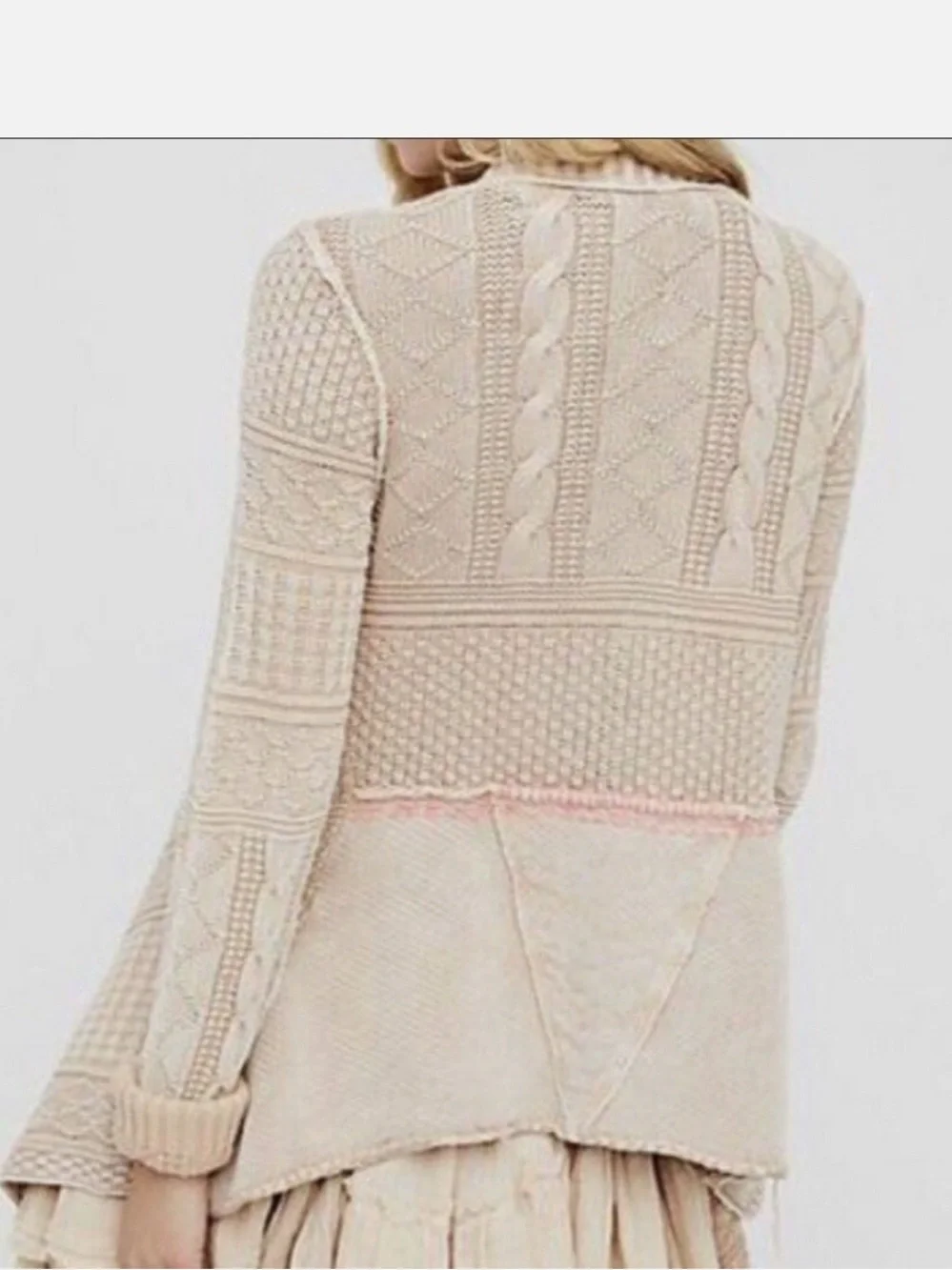Free People All Washed Out Sand Tan Cardigan Pink Stitching Detail Size S - Picture 3 of 12